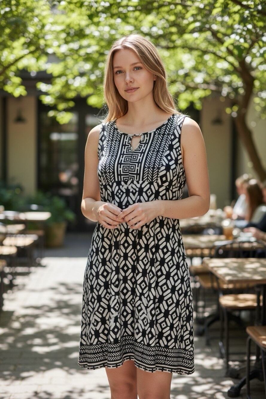 Kindred Sleeveless Dress Black White Geometric Travel Boho Resort Plus Size 1X